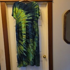 Dharma Tie-Dye Green & Blue Cotton Peasant Style Maxi Dress 2X